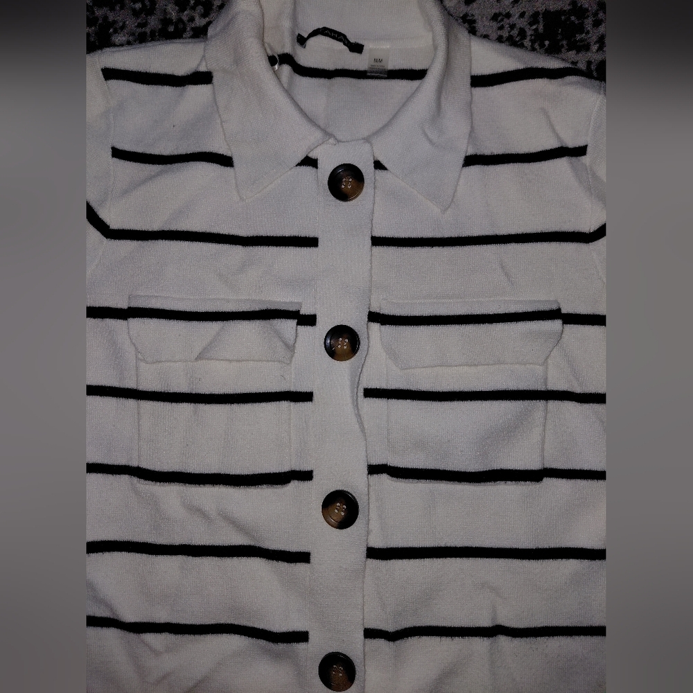 Tahari White & Black Striped Collared Button Front Cardigan M Old Money - Picture 13 of 13